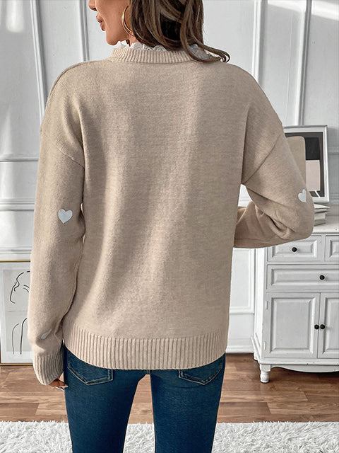 V Neck Lace Splicing Heart Jacquard Sweater