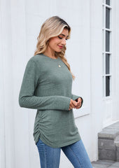 Side Pleated Crew Neck Long Sleeve T-shirt