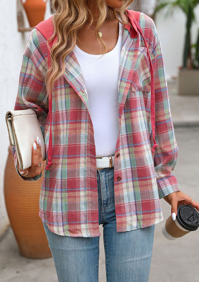 Hooded Pocket Detail Button Up Plaid Shirt