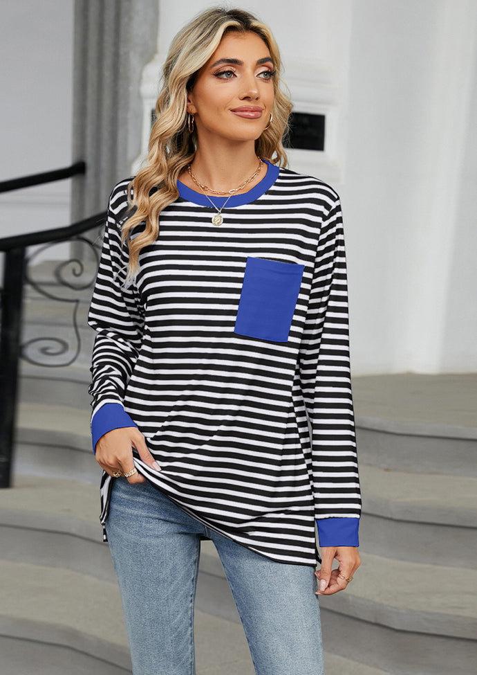 Crew Neck Color Block Pocket Detail Striped Top