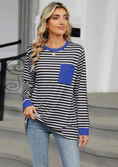 Crew Neck Color Block Pocket Detail Striped Top