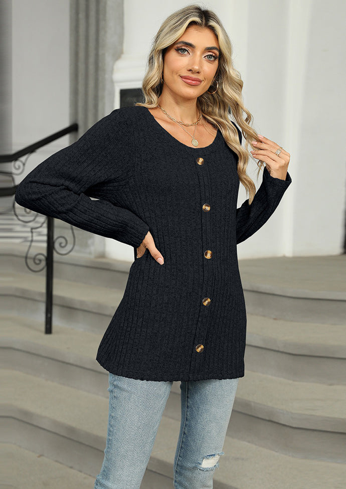 Button Detail Crew Neck Textured Casual Tunic
