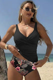 Floral Print Criss-Cross Tankini Set Black - Swimwear from Cindelily