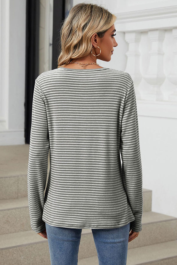 Button Up Striped Long Sleeve T-shirt - T-Shirts & Tunics from Cindelily
