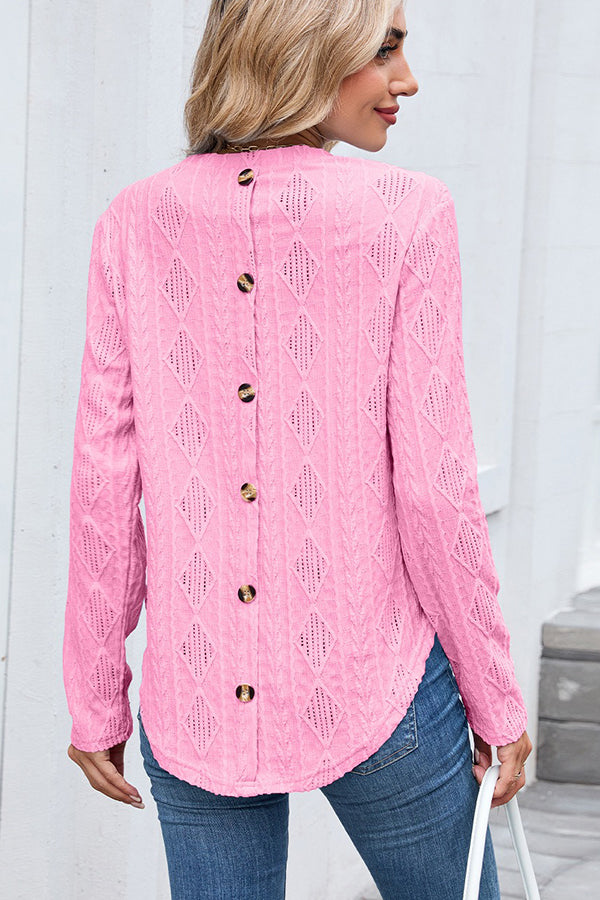 Textured Button Detail Crew Neck Casual T-shirt Pink - T-Shirts & Tunics from Cindelily