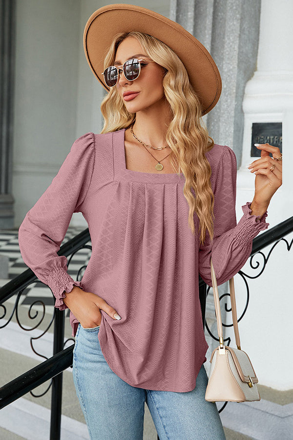 Jacquard Pleated U Neck Casual Blouse - Blouses & Shirts from Cindelily