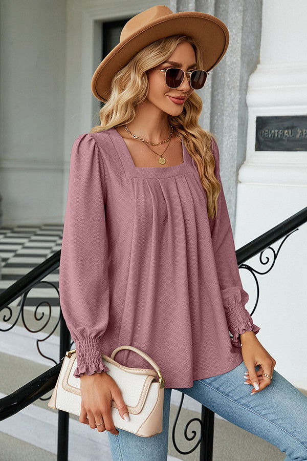 Jacquard Pleated U Neck Casual Blouse Dusty Pink - Blouses & Shirts from Cindelily