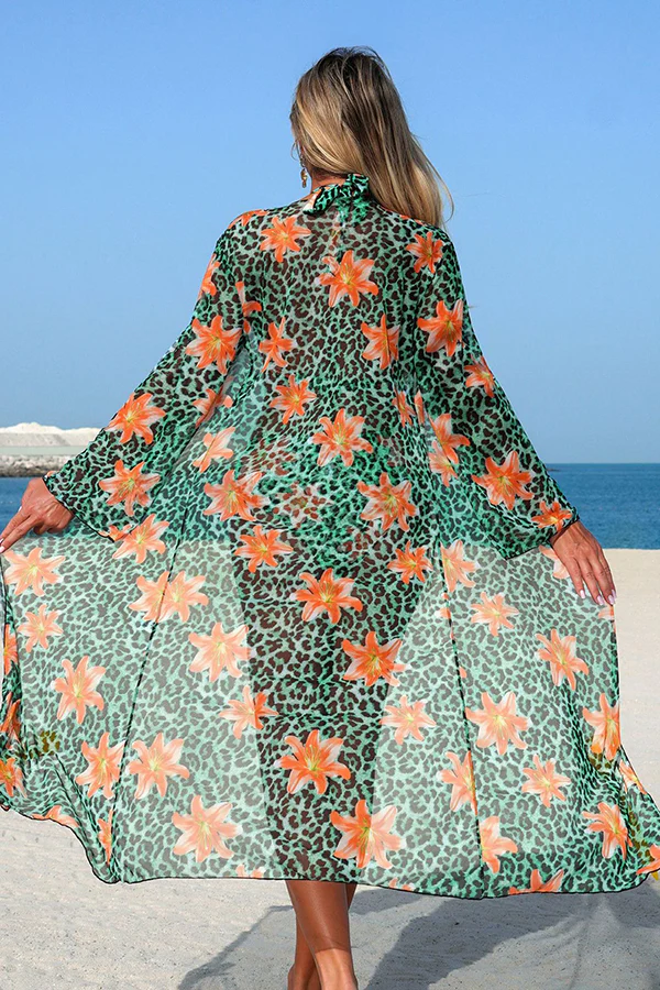 Leopard Floral Print Halter Bikini & Cover-Up 3-Piece Set - Swimwear from Cindelily