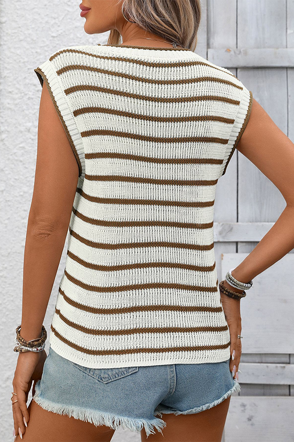 Crew Neck Striped Sleeveless Knit Vest - Cardigans & Vests from Cindelily