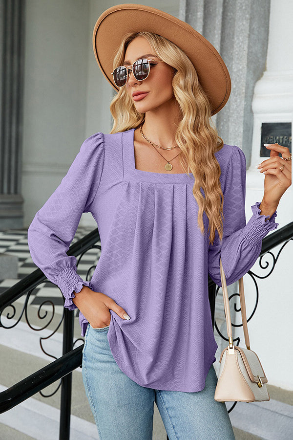 Jacquard Pleated U Neck Casual Blouse Purple - Blouses & Shirts from Cindelily