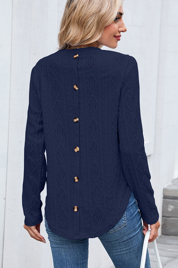 Textured Button Detail Crew Neck Casual T-shirt Navy blue - T-Shirts & Tunics from Cindelily