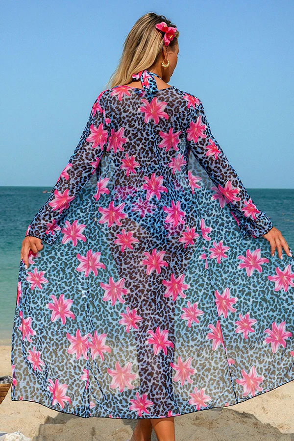 Leopard Floral Print Halter Bikini & Cover-Up 3-Piece Set - Swimwear from Cindelily