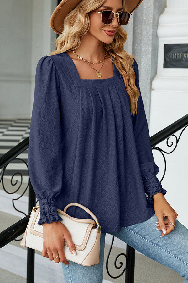 Jacquard Pleated U Neck Casual Blouse Navy blue - Blouses & Shirts from Cindelily