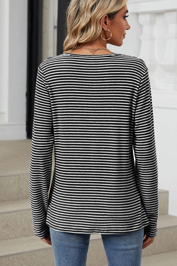 Button Up Striped Long Sleeve T-shirt - T-Shirts & Tunics from Cindelily