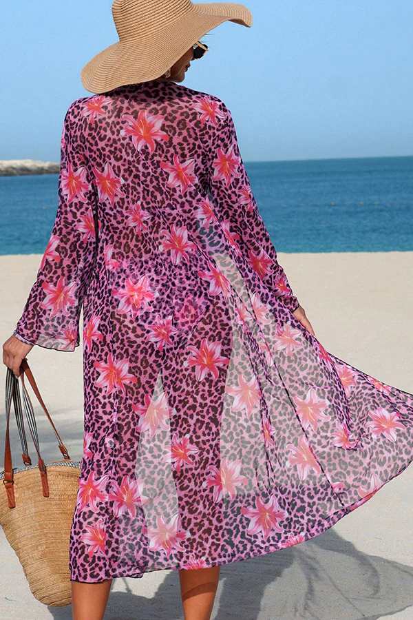 Leopard Floral Print Halter Bikini & Cover-Up 3-Piece Set - Swimwear from Cindelily