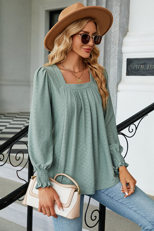 Jacquard Pleated U Neck Casual Blouse Light green - Blouses & Shirts from Cindelily