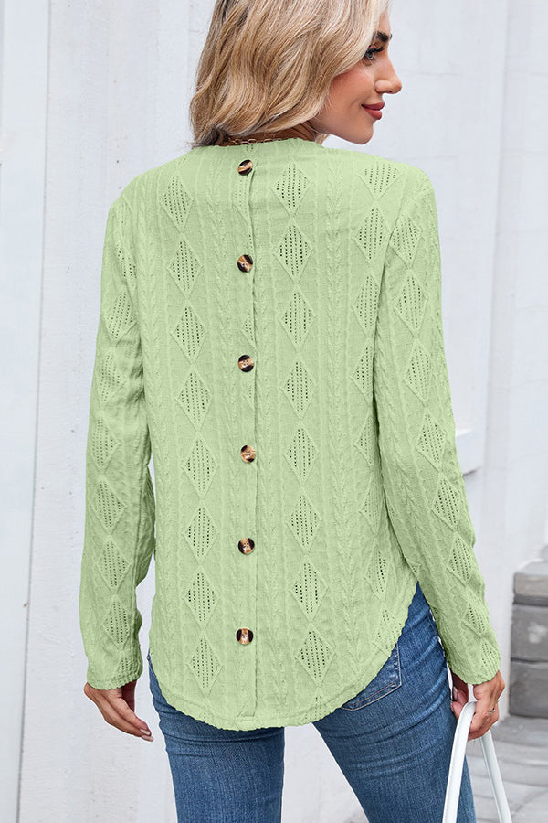 Textured Button Detail Crew Neck Casual T-shirt Green - T-Shirts & Tunics from Cindelily