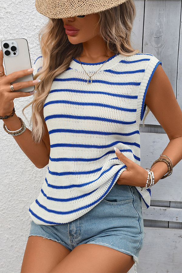 Crew Neck Striped Sleeveless Knit Vest - Cardigans & Vests from Cindelily