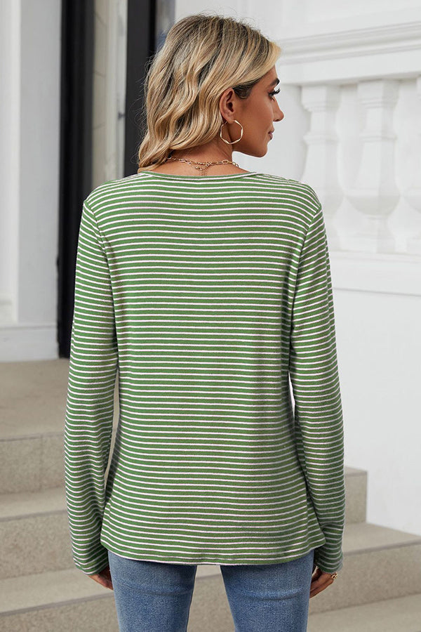 Button Up Striped Long Sleeve T-shirt - T-Shirts & Tunics from Cindelily