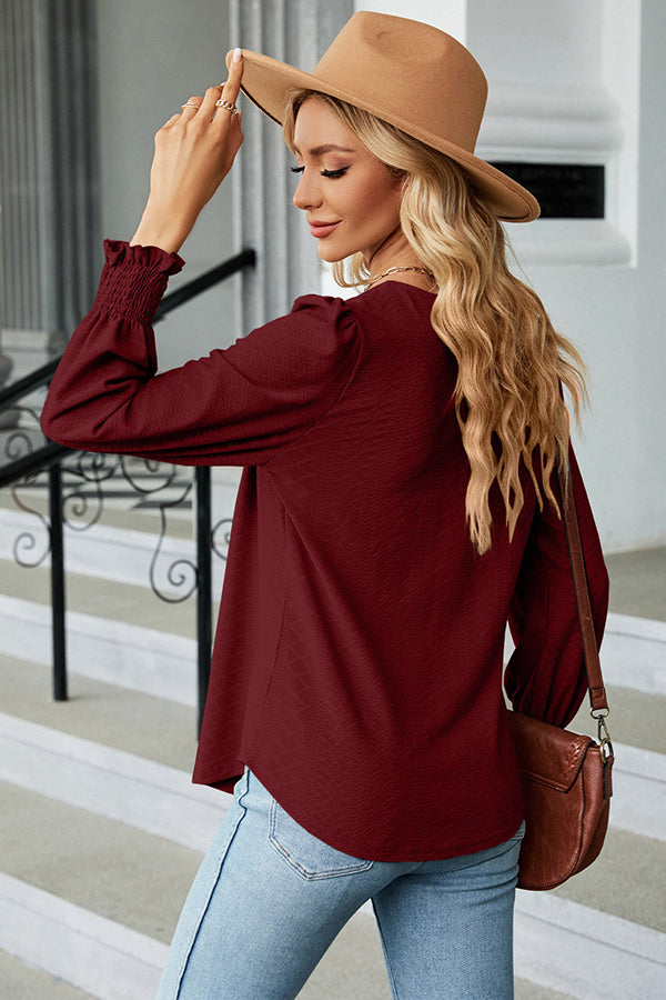 Jacquard Pleated U Neck Casual Blouse - Blouses & Shirts from Cindelily