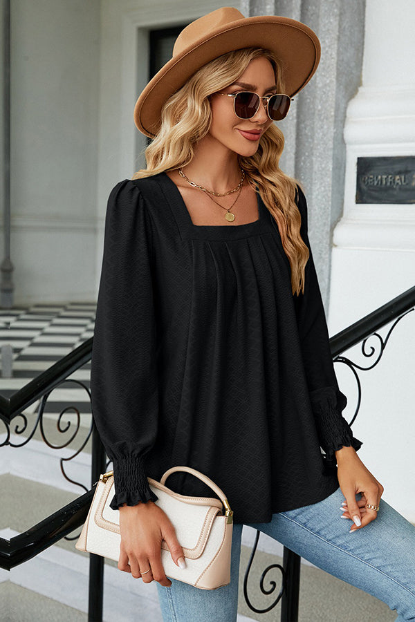Jacquard Pleated U Neck Casual Blouse Black - Blouses & Shirts from Cindelily