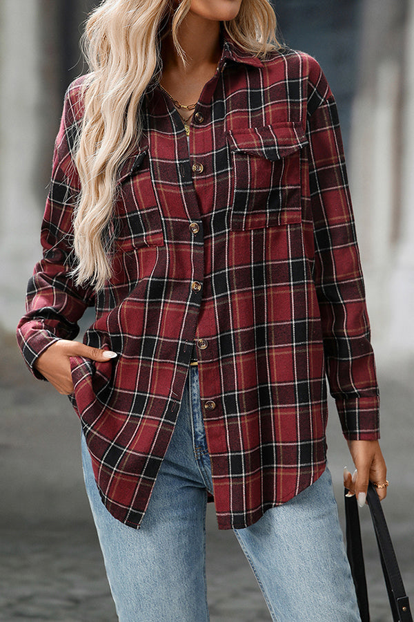 Classic Plaid Button Down Flannel Top Dark red - Blouses & Shirts from Cindelily