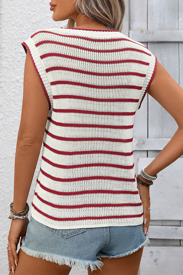 Crew Neck Striped Sleeveless Knit Vest - Cardigans & Vests from Cindelily