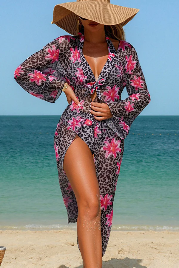 Leopard Floral Print Halter Bikini & Cover-Up 3-Piece Set - Swimwear from Cindelily