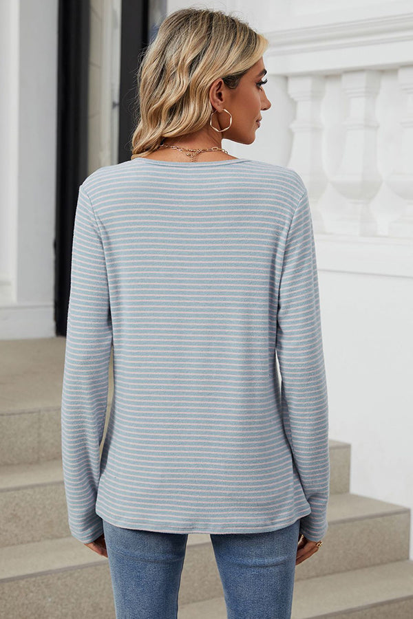 Button Up Striped Long Sleeve T-shirt - T-Shirts & Tunics from Cindelily