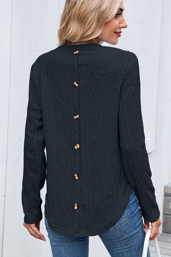 Textured Button Detail Crew Neck Casual T-shirt Black - T-Shirts & Tunics from Cindelily
