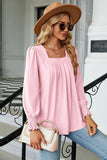 Jacquard Pleated U Neck Casual Blouse Pink - Blouses & Shirts from Cindelily