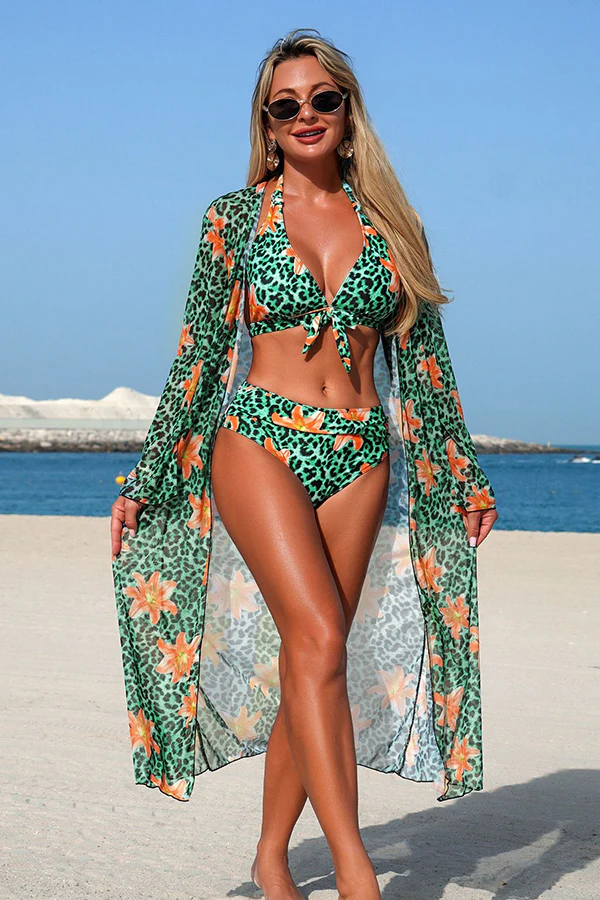 Leopard Floral Print Halter Bikini & Cover-Up 3-Piece Set Green - Swimwear from Cindelily