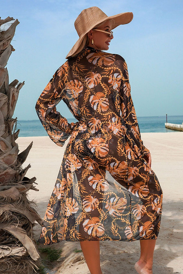 Chain Tropical Print Halter Bikini & Mesh Cover-Up 3-Piece Set - Swimwear from Cindelily