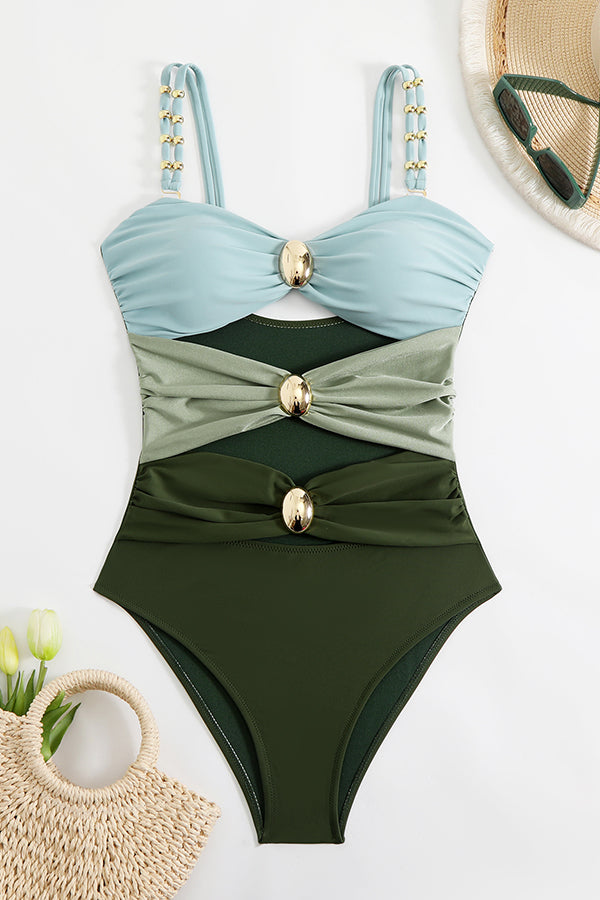 Metal Buckle Decor Color Block One Piece Swimwear - Swimwear from Cindelily