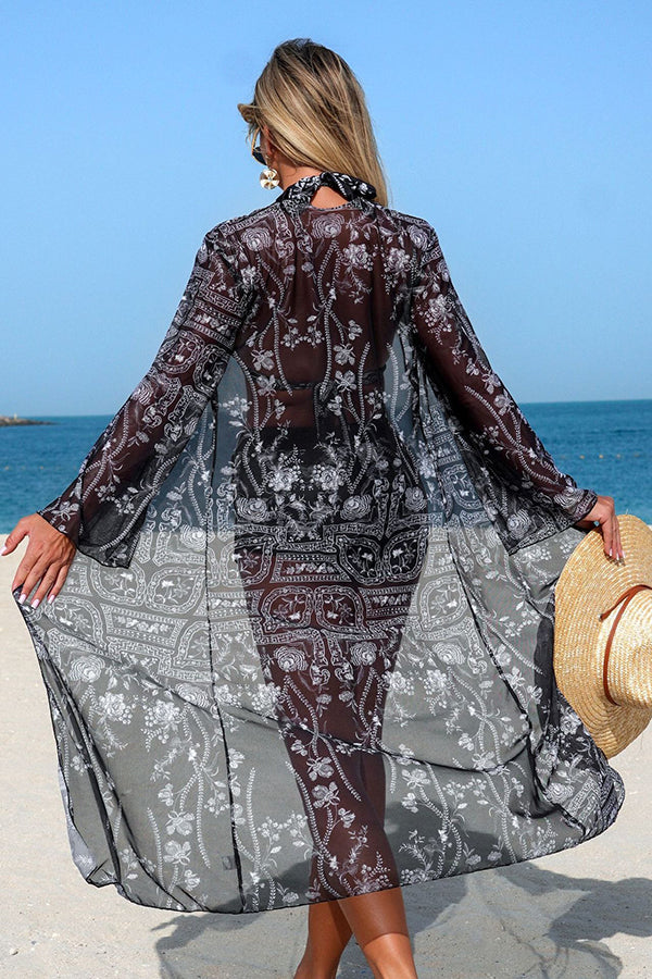 Vintage Print Halter Bikini Shorts & Cover-up 3-Piece Set - Swimwear from Cindelily