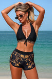 Vintage Print Halter Bikini Shorts & Cover-up 3-Piece Set - Swimwear from Cindelily