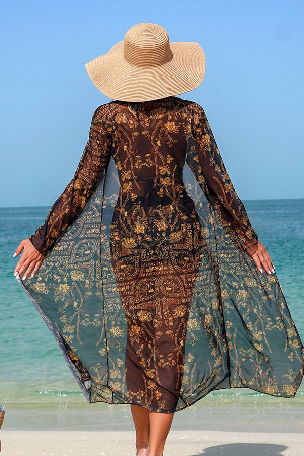 Vintage Print Halter Bikini Shorts & Cover-up 3-Piece Set - Swimwear from Cindelily