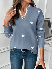 V Neck Lace Splicing Heart Jacquard Sweater