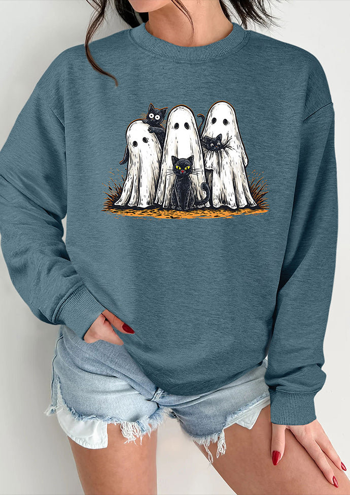 Spooky Cat Print Crew Neck Sweatshirt