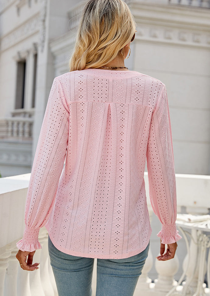 Jacquard V Neck Smocked Cuff Blouse