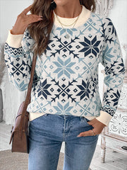 Crew Neck Snowflake Pattern Knitted Sweater