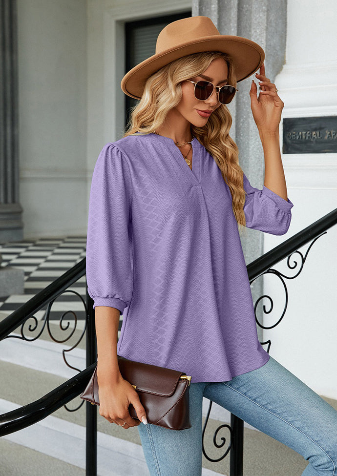 Jacquard Half Sleeve V Neck Casual Blouse