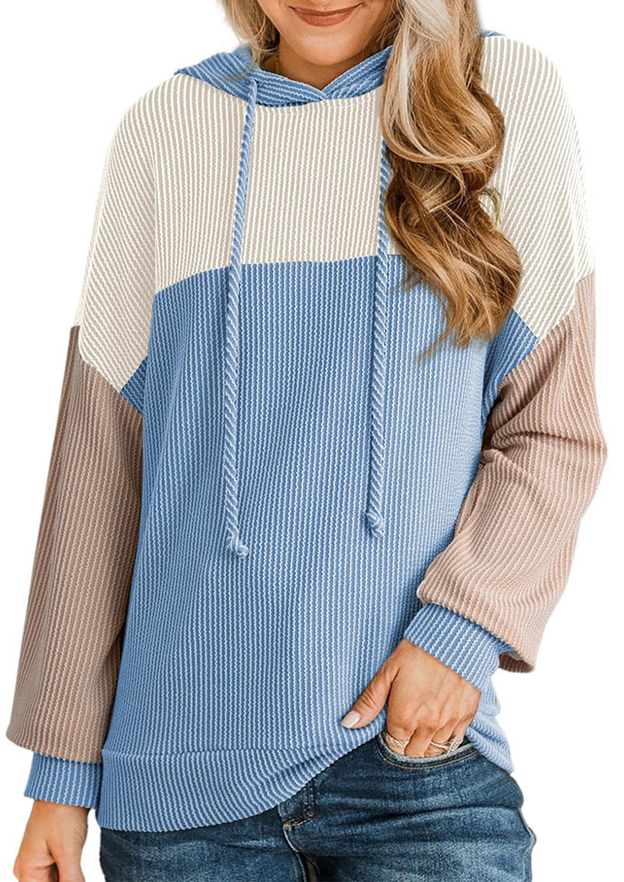 Tie Detail Textured Color Block Casual Hoodie