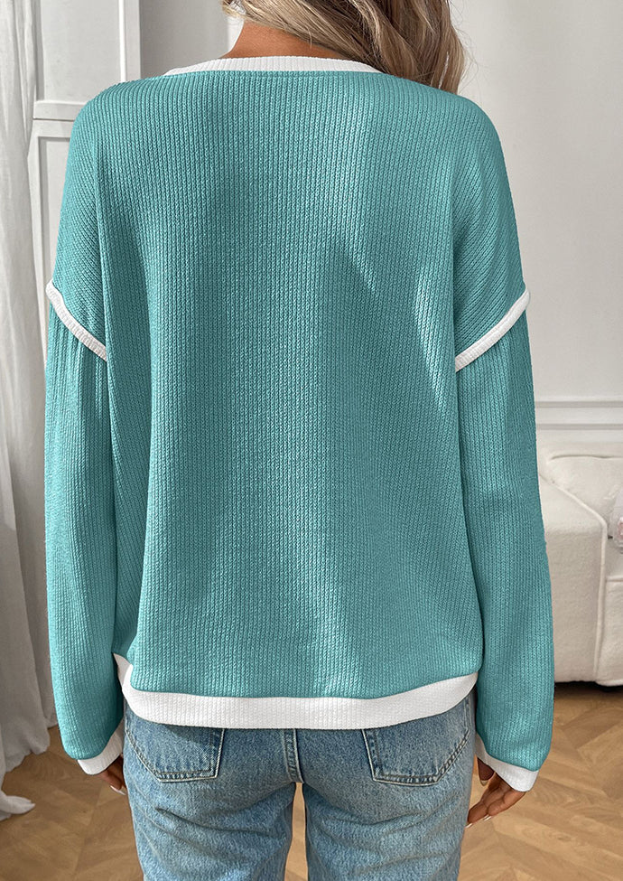 Textured Crew Neck Color Block Casual Top