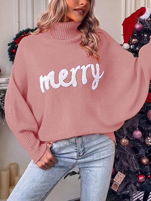 Christmas Jacquard Turtleneck Bat Sleeve Sweater