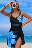 Floral Print Mesh Inset Swim Dress Blue - Swimwear from Cindelily