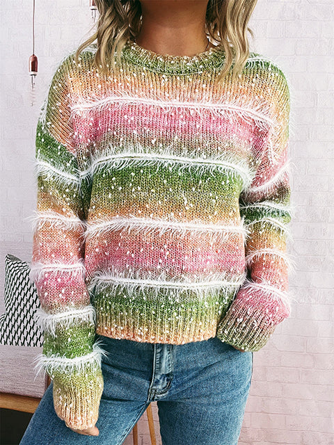 Ombre Fluffy Multi-color Stripe Knitted Sweater