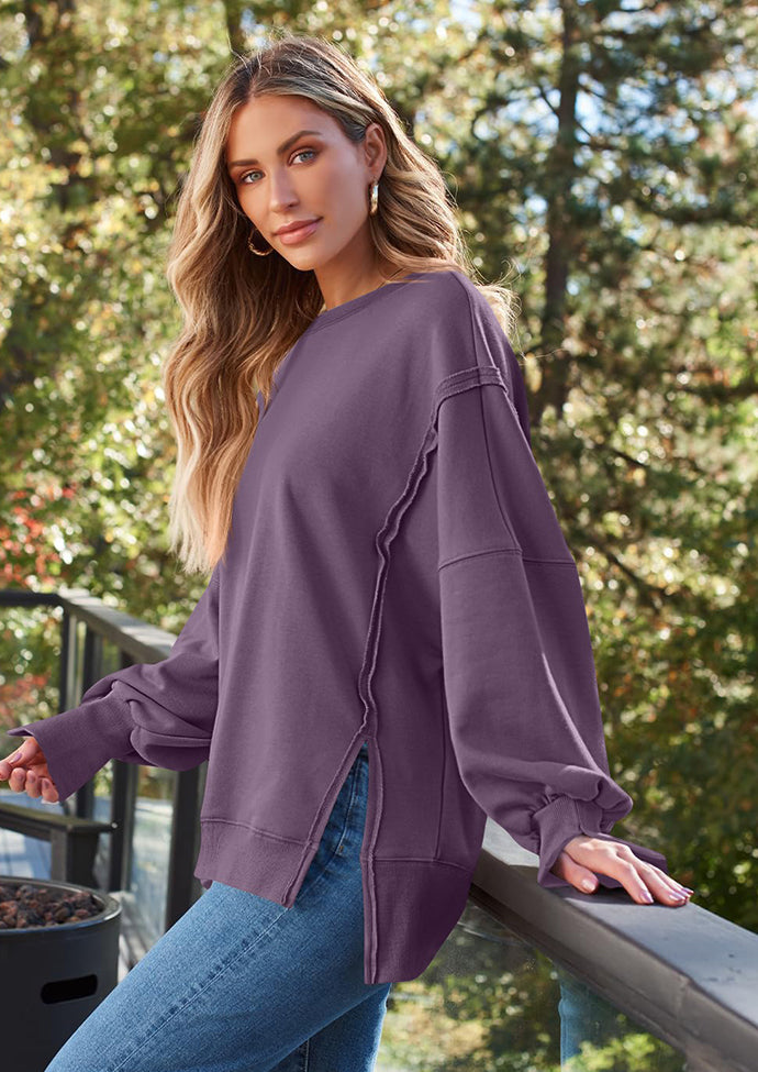 Crew Neck Side Split Casual Sweatshirt