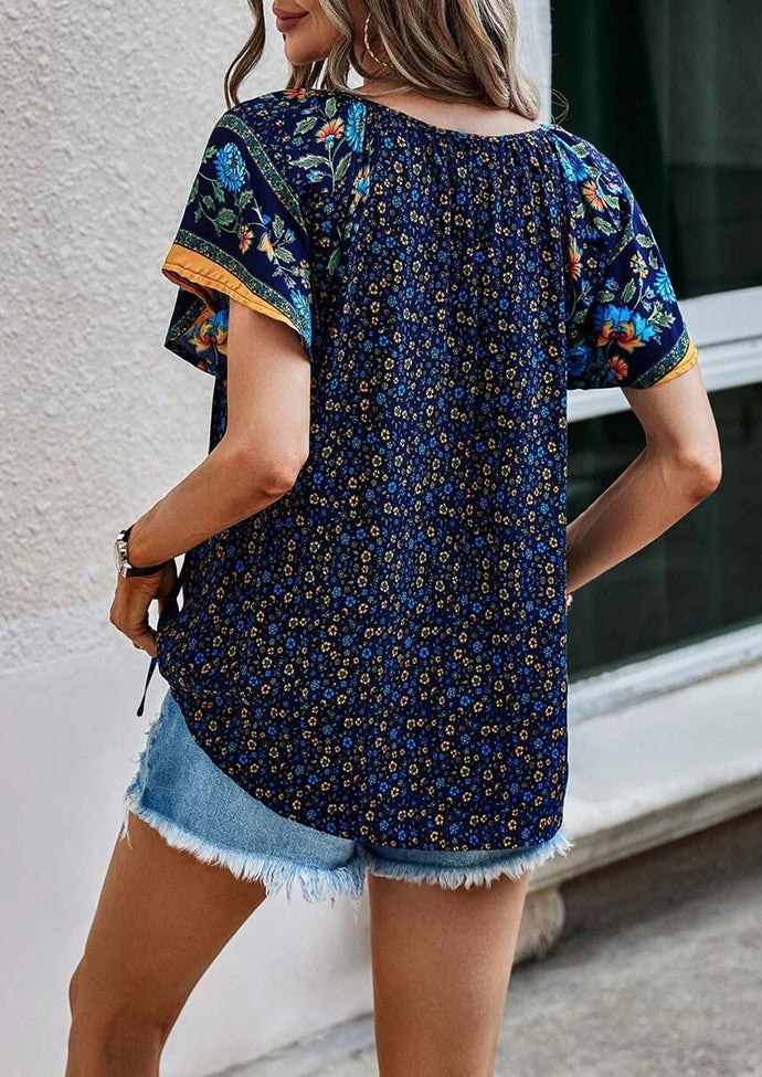 Floral Boho Tie Detail V Neck T-shirt