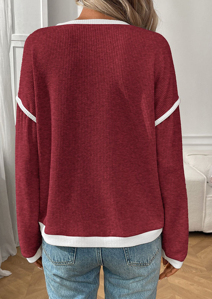 Textured Crew Neck Color Block Casual Top